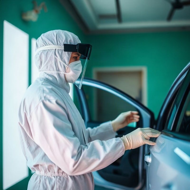 Especialista aplicando primer em porta de veículo em cabine de pintura