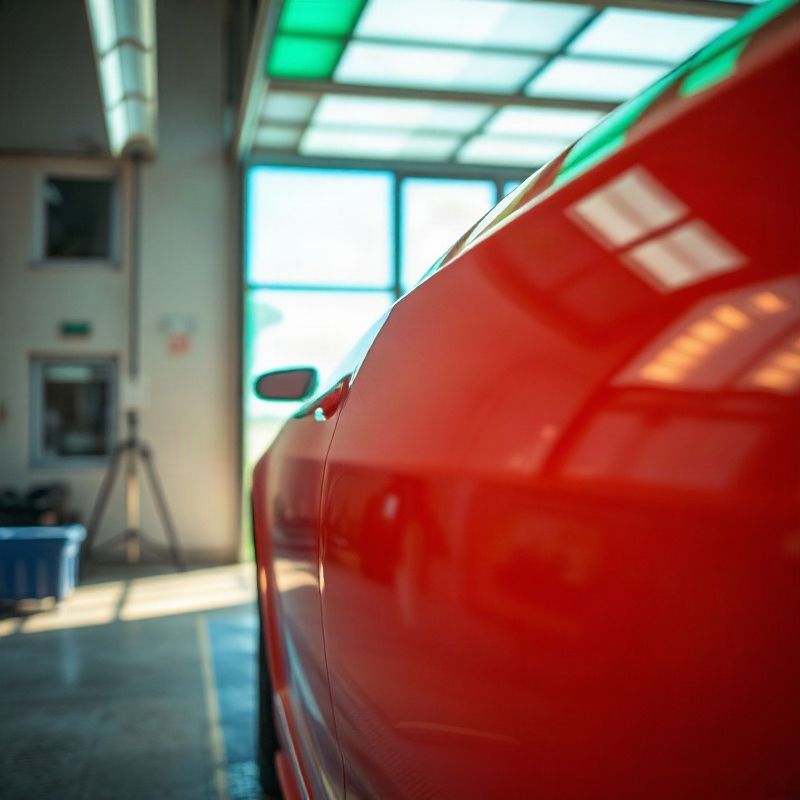 Painel automotivo recém-pintado com acabamento espelhado em cabine de pintura