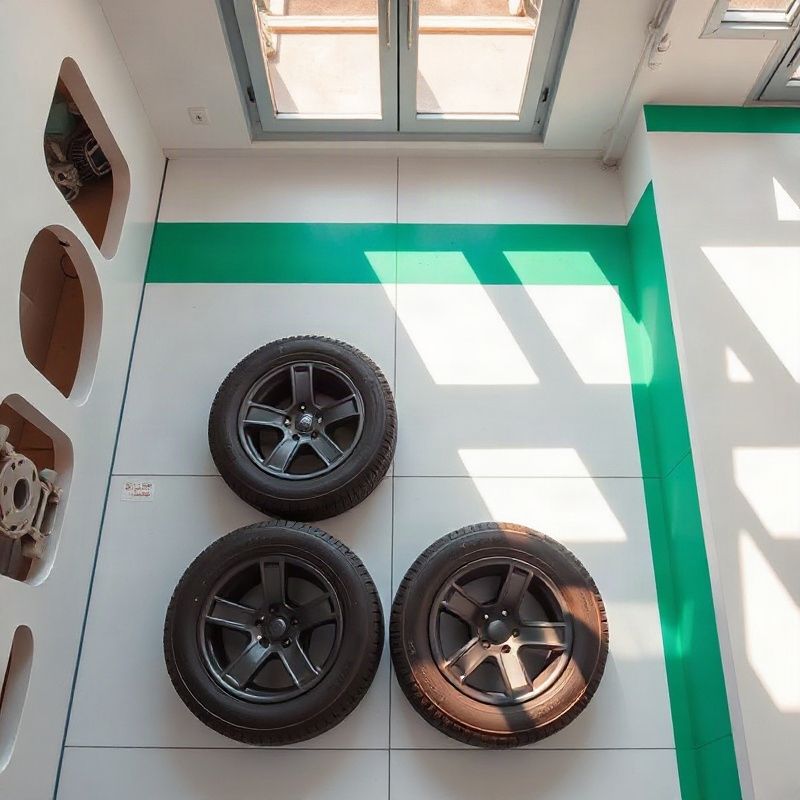 Quatro pneus novos dispostos em piso branco da oficina Pulsempulse