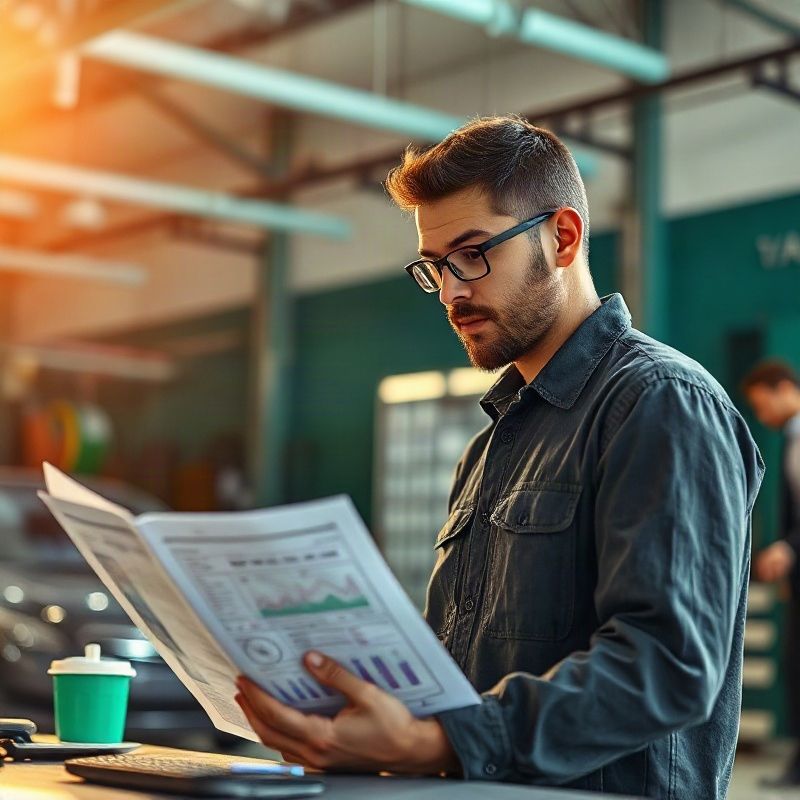Técnico analisando laudo impresso em estação de diagnóstico