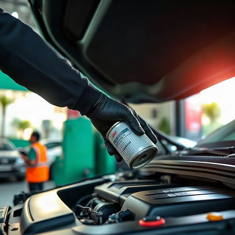 Mãos de técnico realizando troca de filtro de óleo em motor moderno